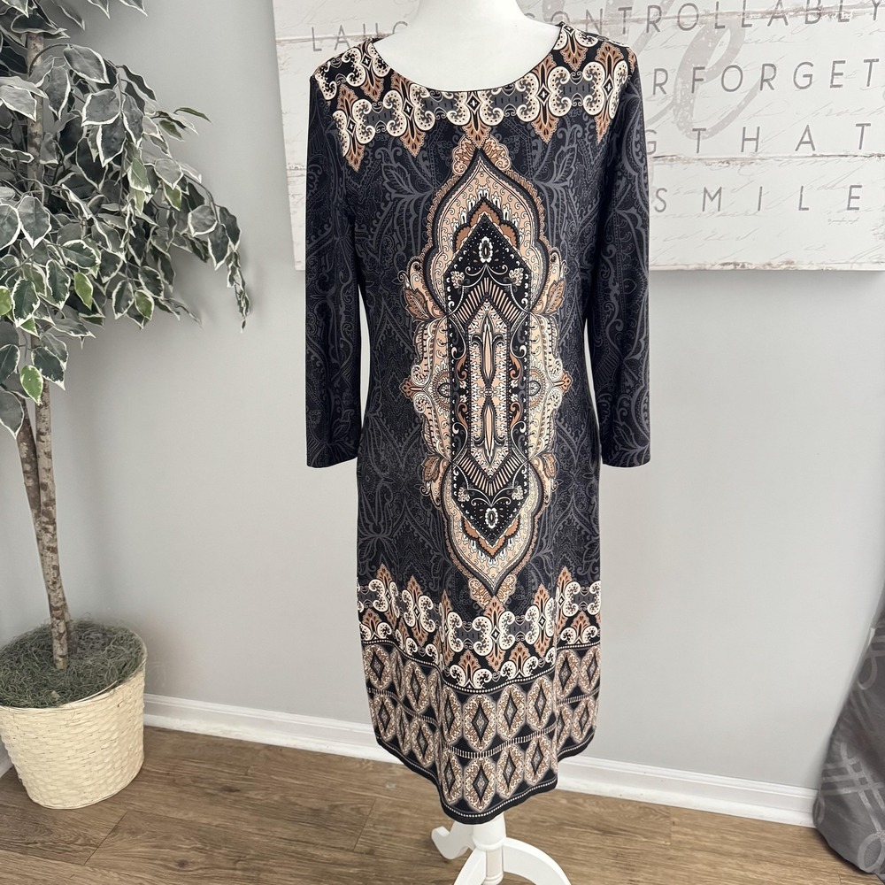 Charter Club Dress Womens Medium Black Geo Medallion Shift 3/4 Sleeve Stretch